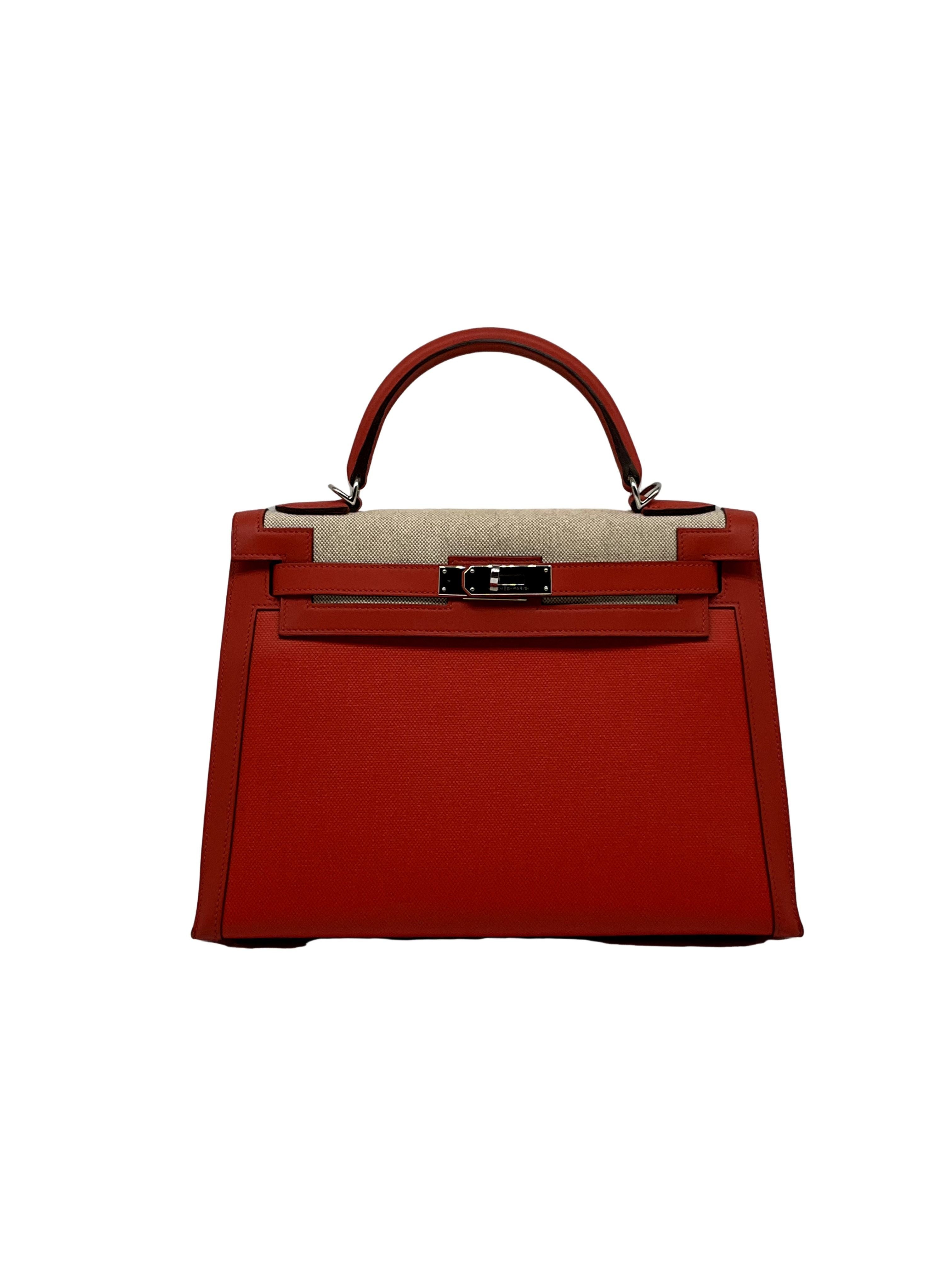 HERMES - Hermes Kelly Handbag Red Berline Vache Canvas with Swift and Toile with Palladium Hardware 32