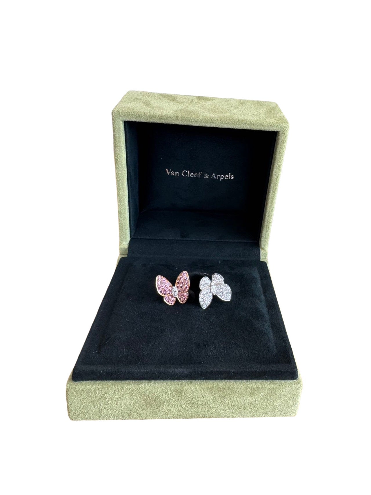 VAN CLEEF & ARPELS 18K White Rose Gold Diamond Pink Sapphire Two Butterfly Between The Finger Ring
