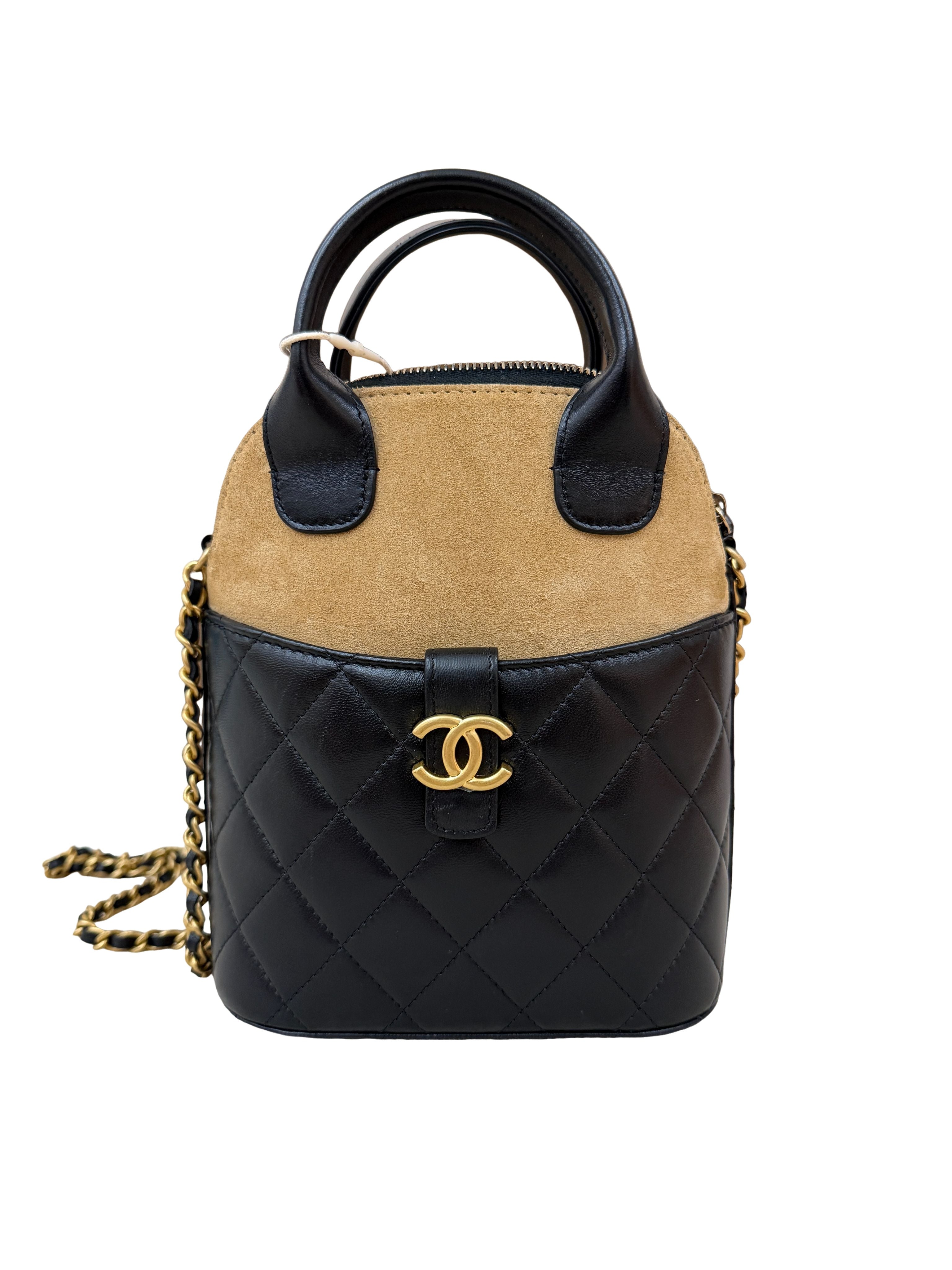 CHANEL - Chanel Suede Shiny Lambskin Quilted Top Handle Clutch With Chain
