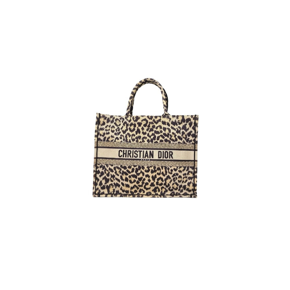 CHRISTIAN DIOR - Christian Dior Canvas Mizza Embroidered Large Leopard Book Tote Beige