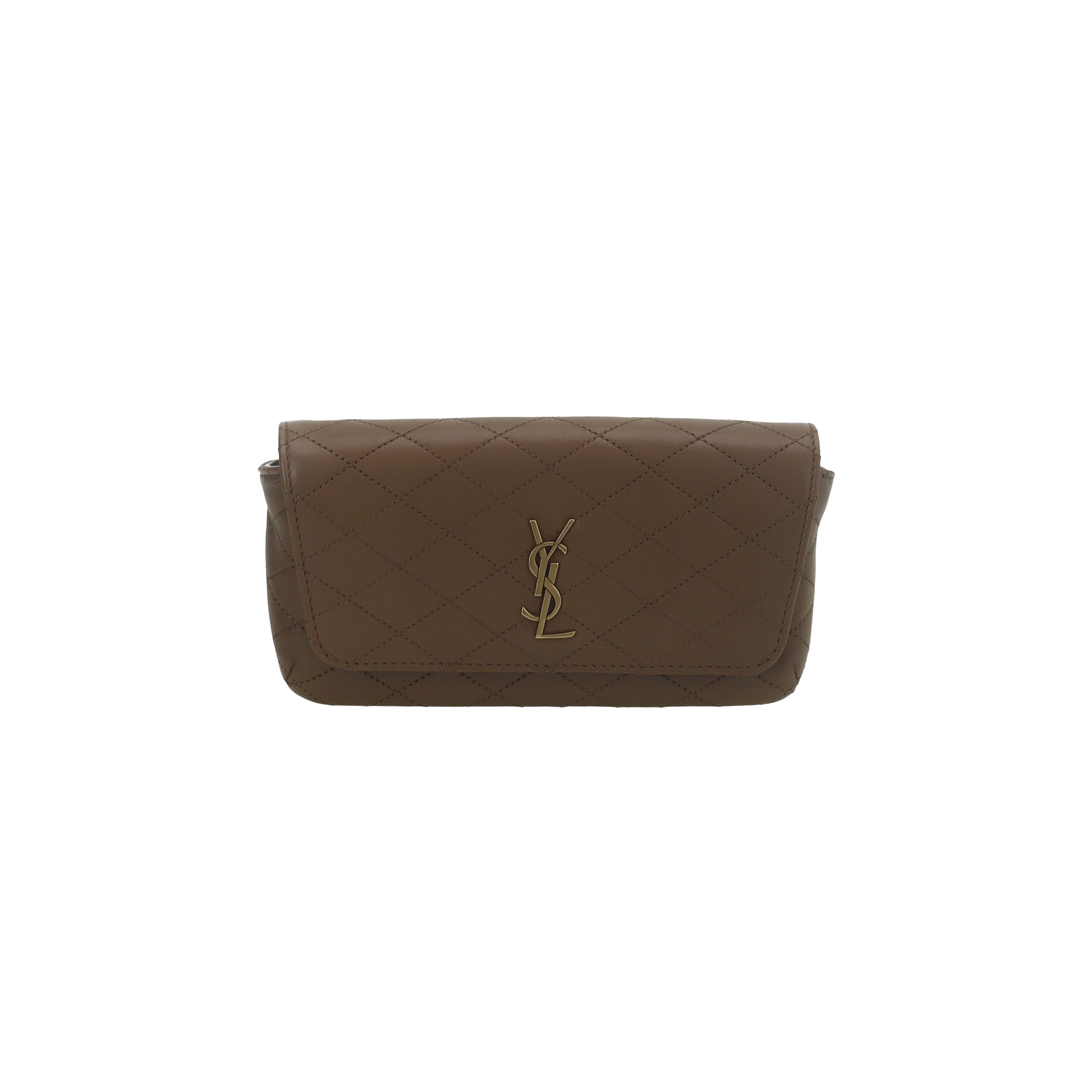 Saint Laurent Lambskin Quilted Gaby Phone Holder Crossbody Dark Toffee