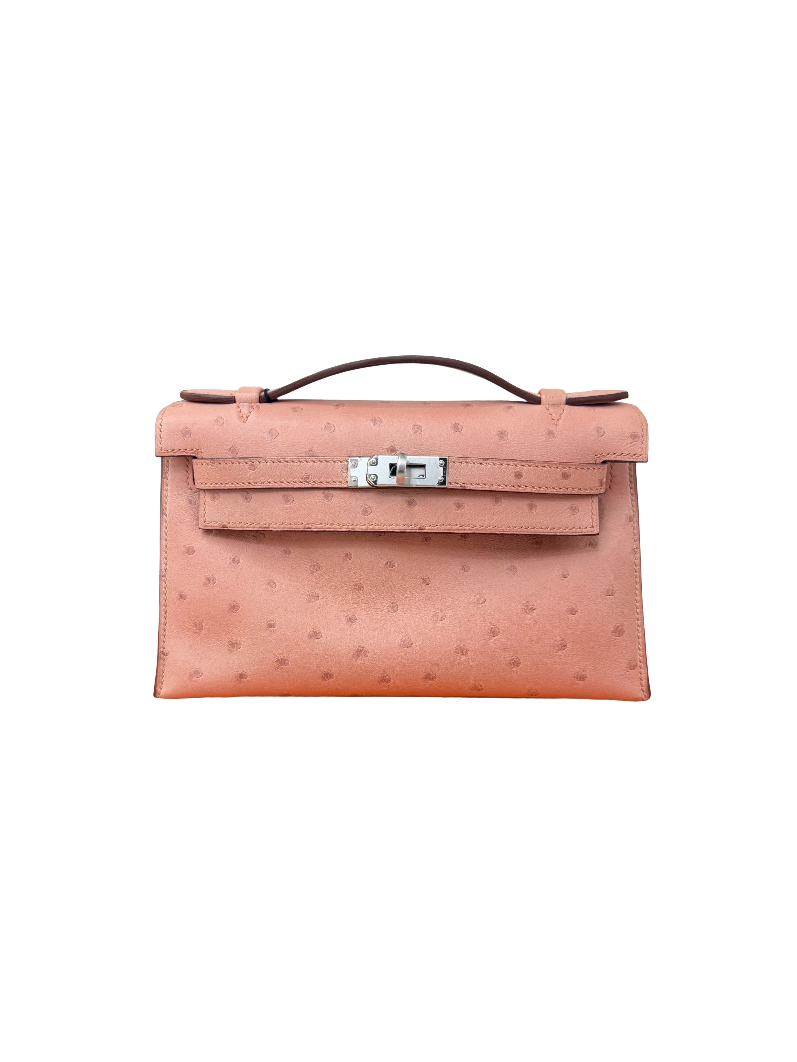 HERMES - HermÃ¨s Kelly Ostrich Terre Cuite Clutch Pochette Palladium Hardware A Stamp