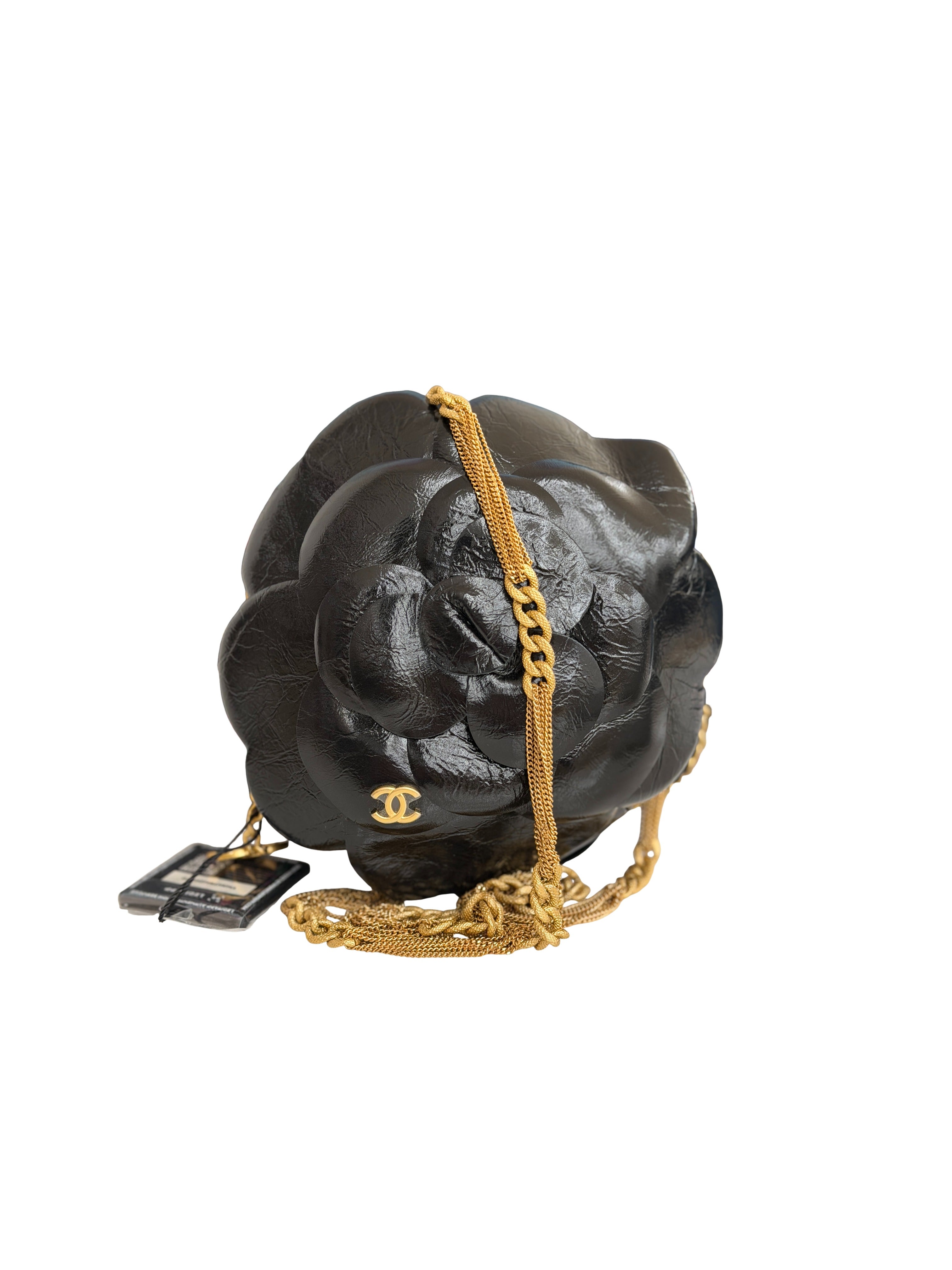 CHANEL - Chanel Camellia Clutch with Chain Black Shiny Calfskin
