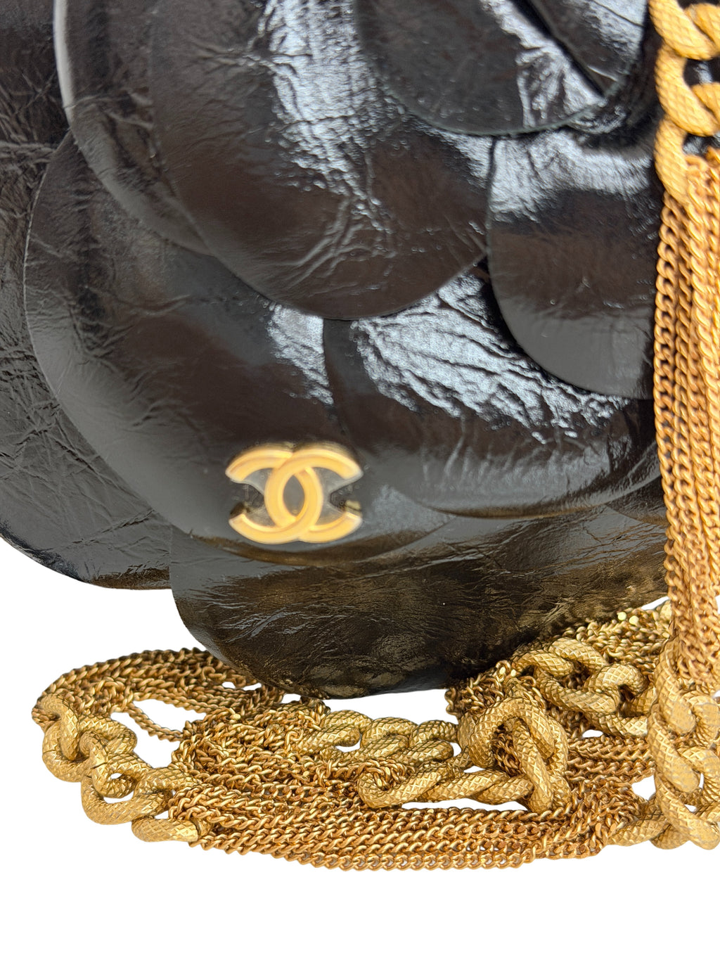Chanel Camellia Clutch With Chain Black Shiny Calfskin