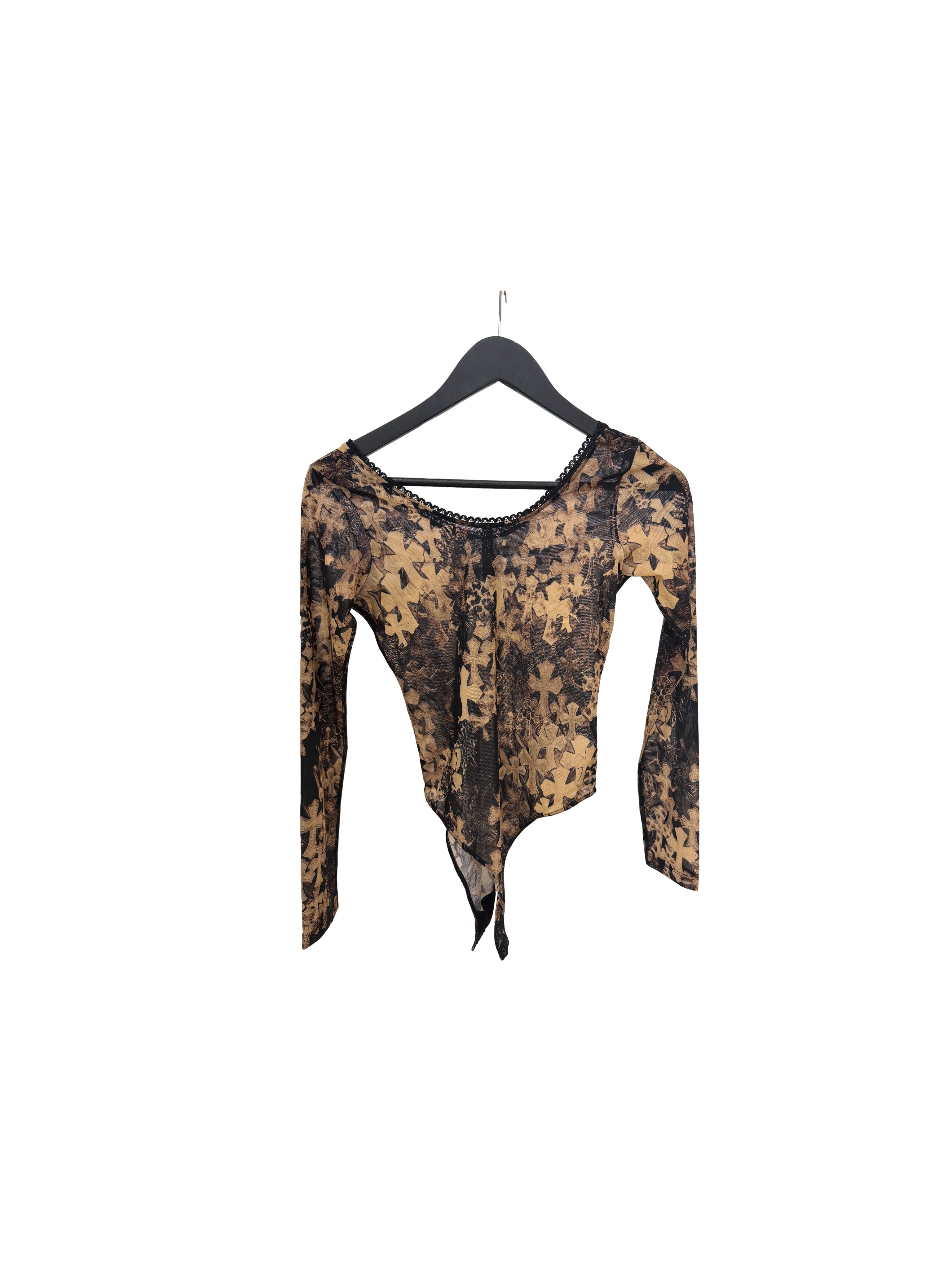 CHROME HEARTS - Chrome Hearts Waterfall Cross Print Mesh Body Suit in a black and tan colorway