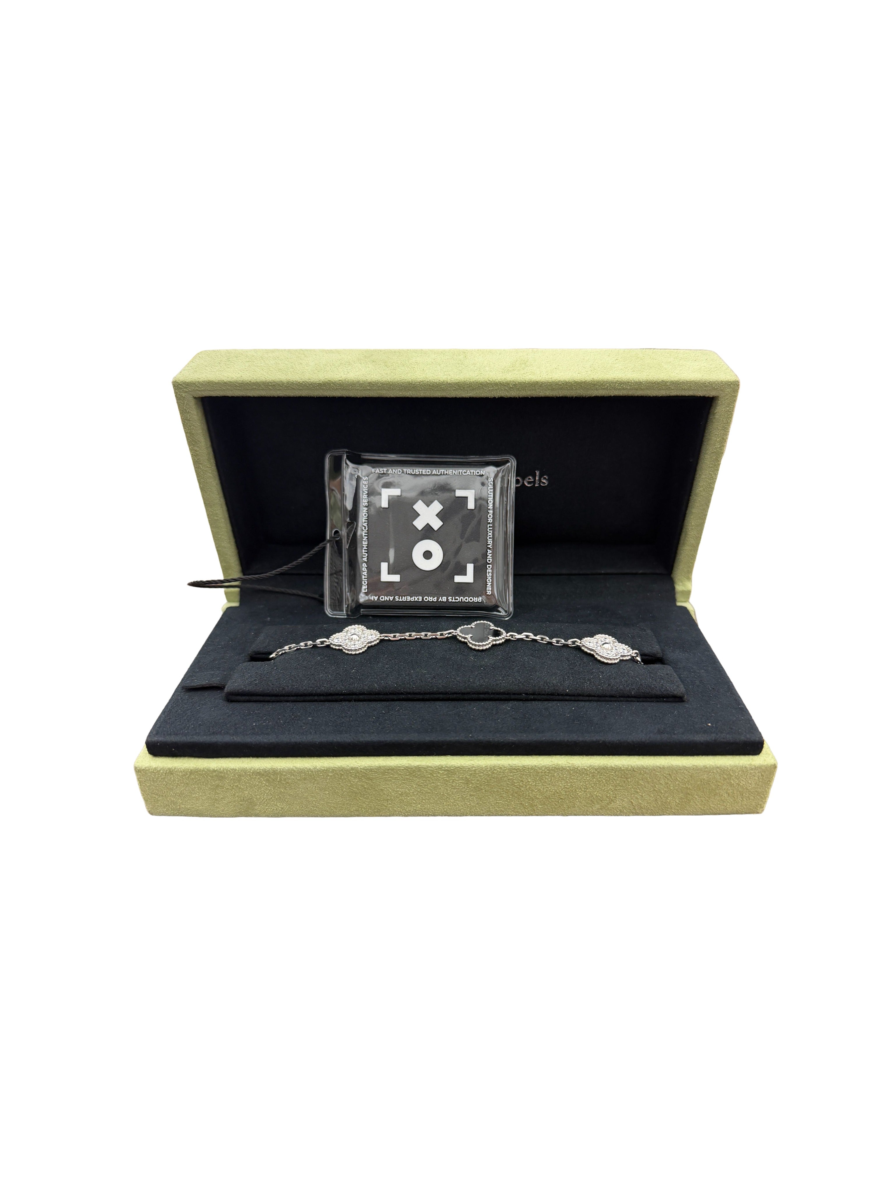VAN CLEEF & ARPELS - Van Cleef & Arpels 18K White Gold Diamond Black Onyx 5 Motifs Vintage Alhambra Bracelet