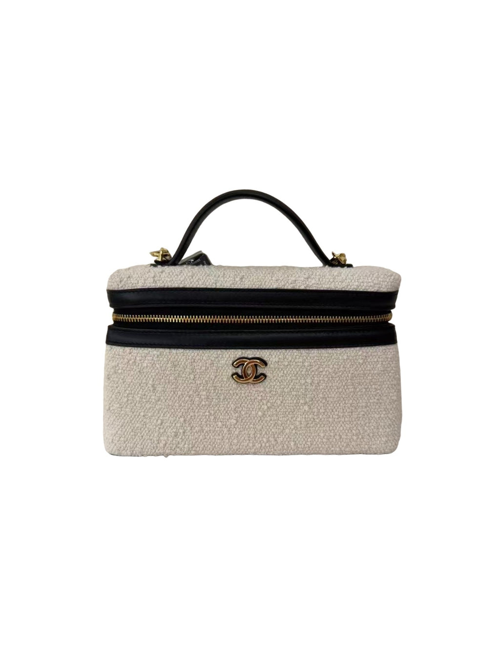 Chanel Tweed Calfskin Top Handle Slim Vanity Case With Chain Black Beige