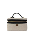 Chanel Tweed Calfskin Top Handle Slim Vanity Case With Chain Black Beige