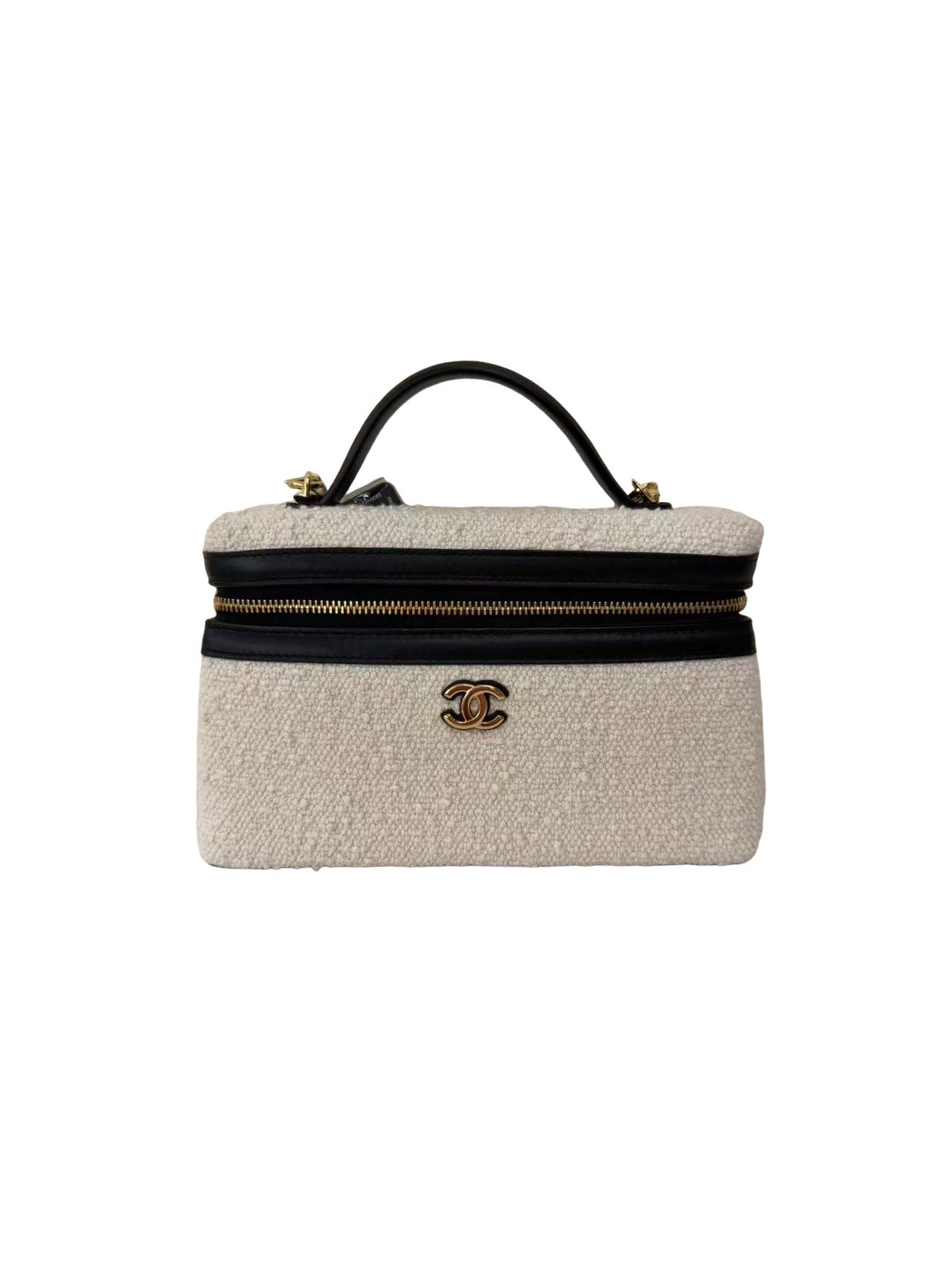 Chanel Tweed Calfskin Top Handle Slim Vanity Case With Chain Black Beige