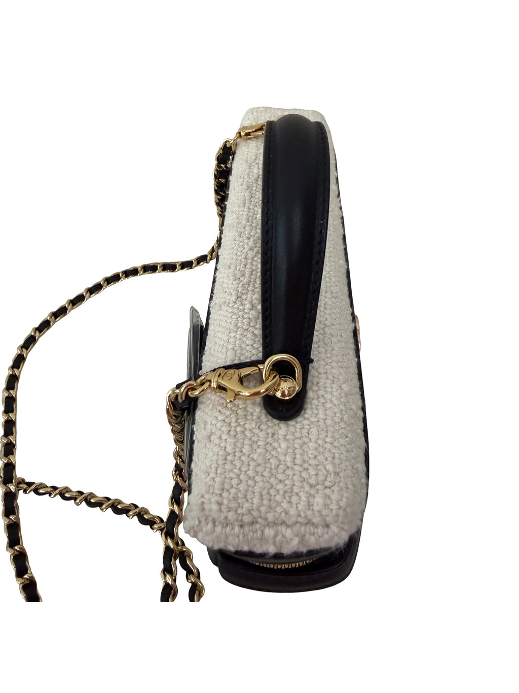 Chanel Tweed Calfskin Top Handle Slim Vanity Case With Chain Black Beige