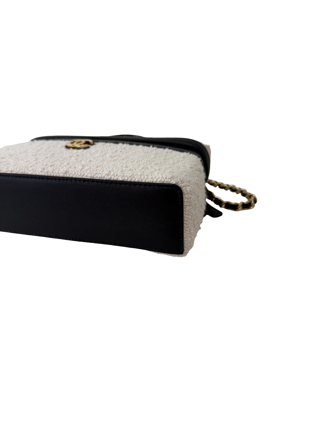 Chanel Tweed Calfskin Top Handle Slim Vanity Case With Chain Black Beige