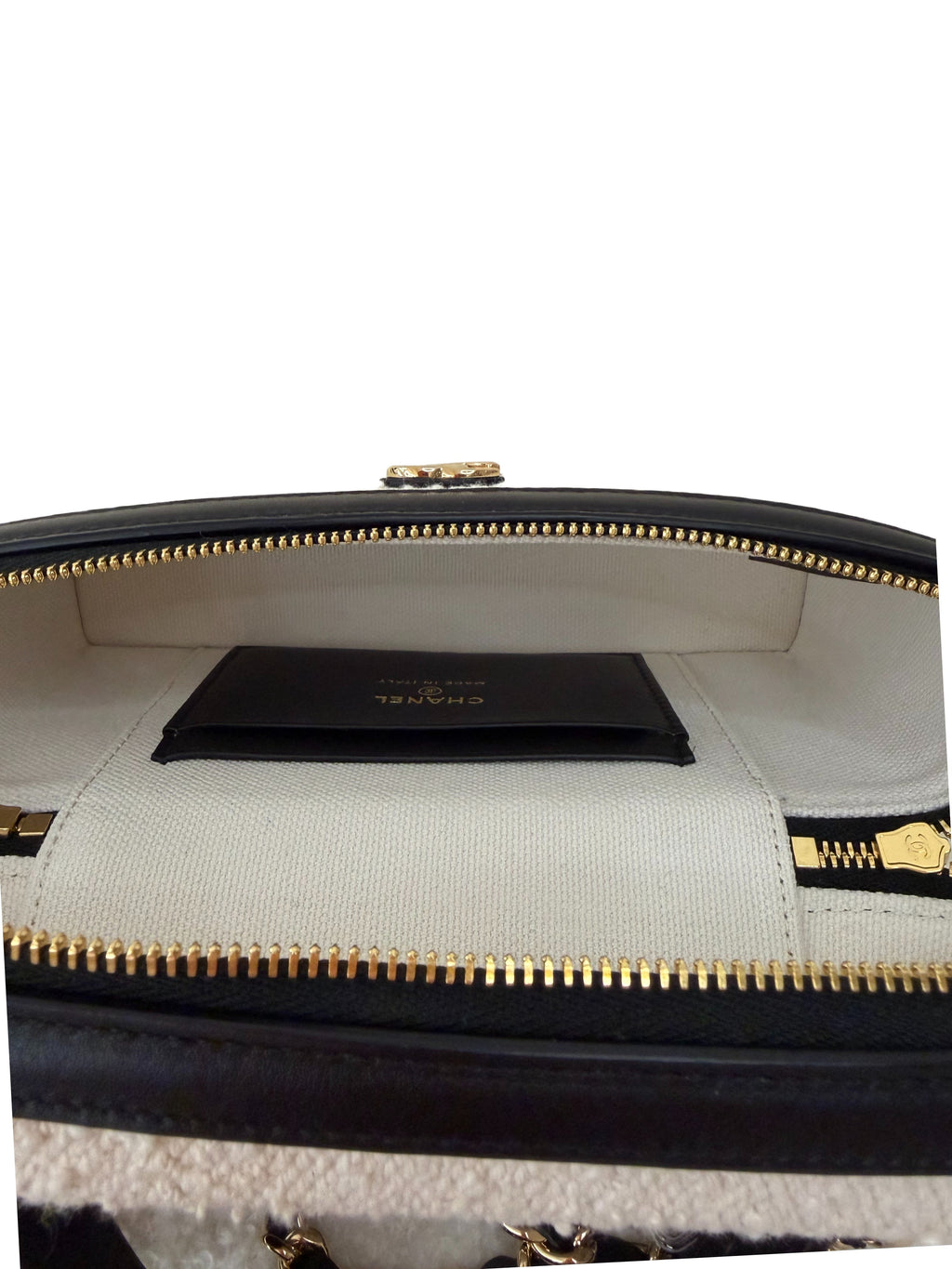 Chanel Tweed Calfskin Top Handle Slim Vanity Case With Chain Black Beige