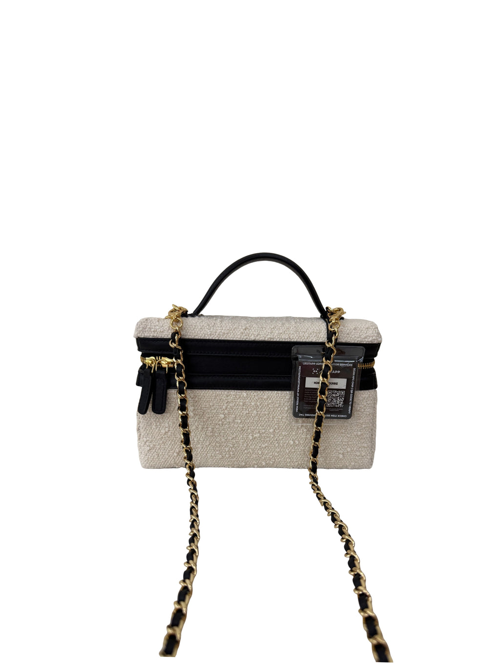 Chanel Tweed Calfskin Top Handle Slim Vanity Case With Chain Black Beige