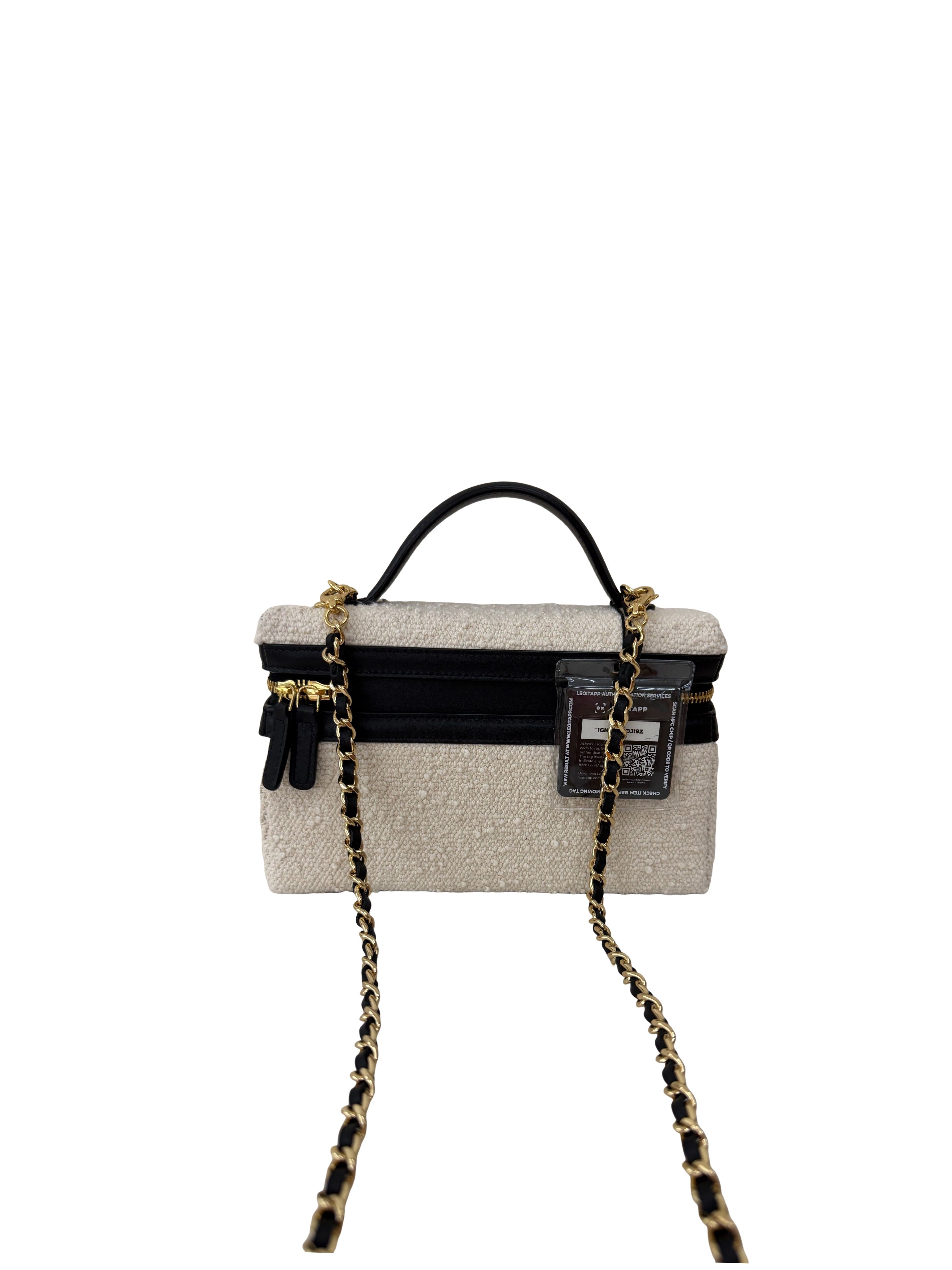 Chanel Tweed Calfskin Top Handle Slim Vanity Case With Chain Black Beige