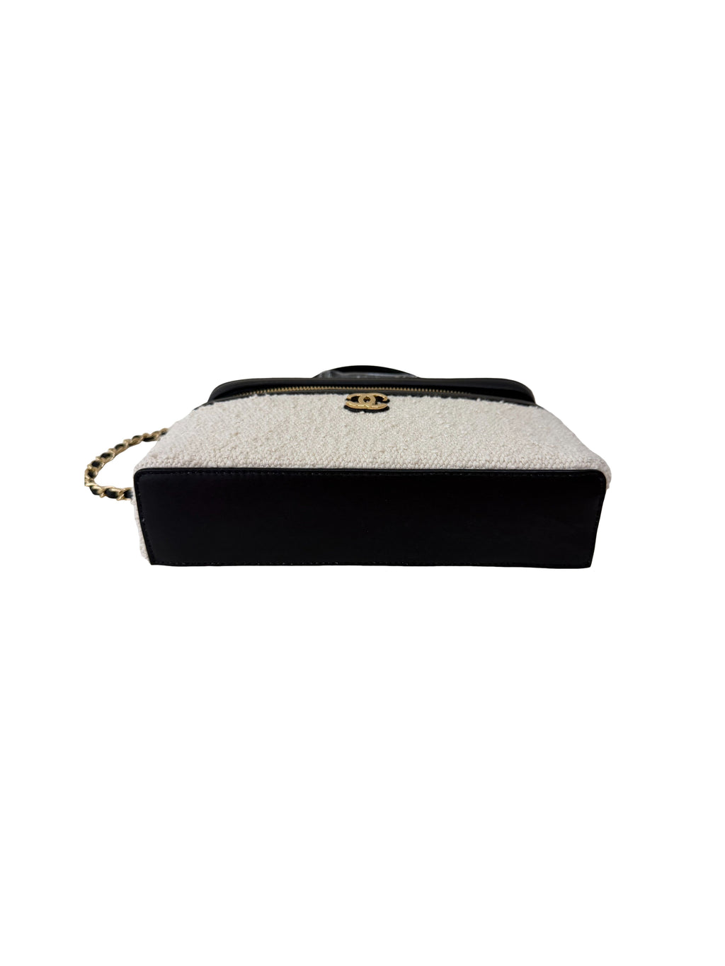 Chanel Tweed Calfskin Top Handle Slim Vanity Case With Chain Black Beige