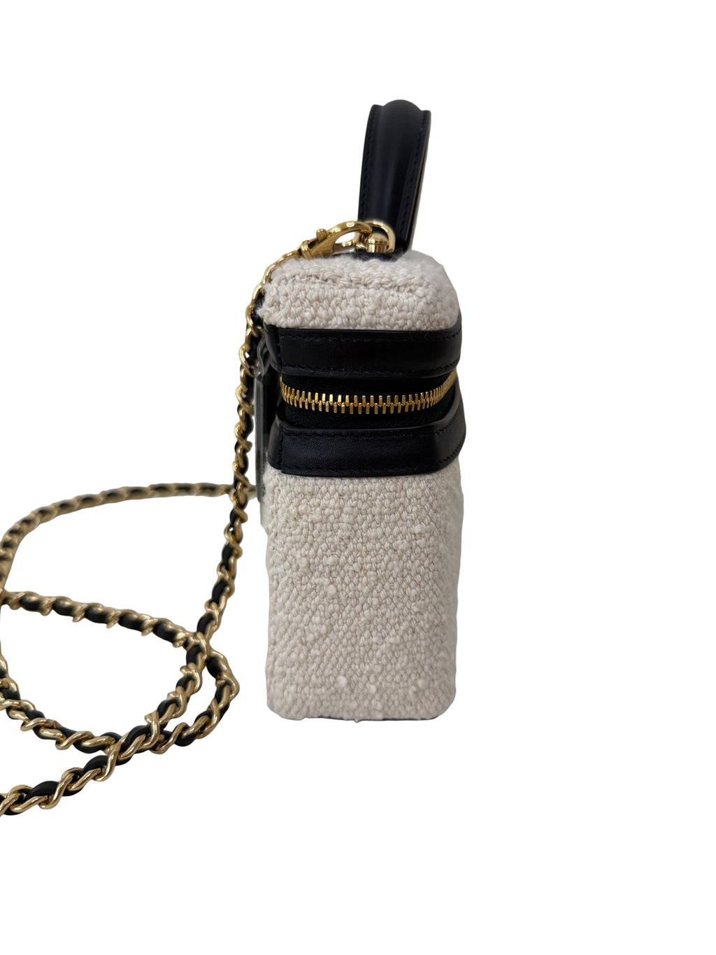 Chanel Tweed Calfskin Top Handle Slim Vanity Case With Chain Black Beige
