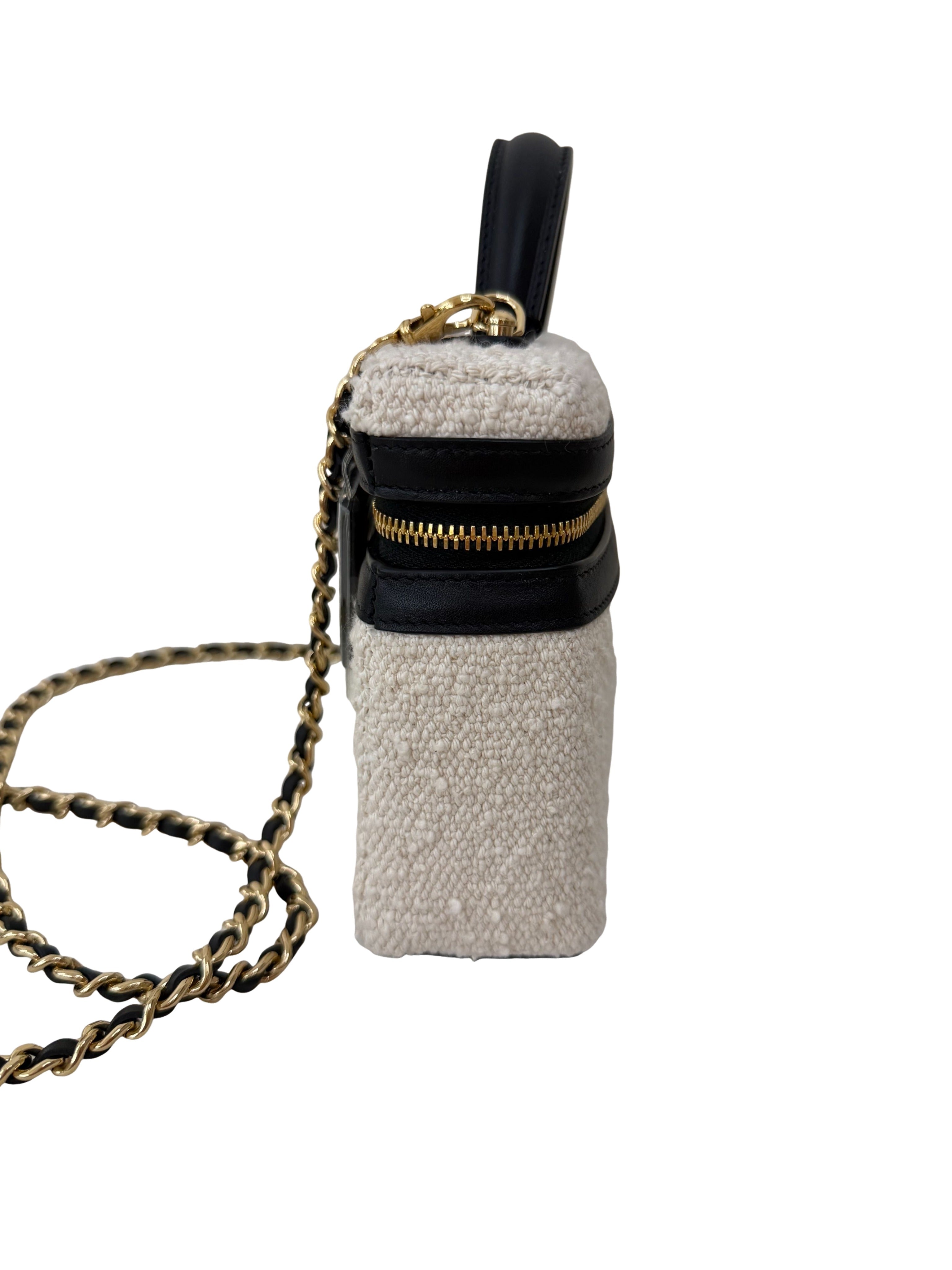 Chanel Tweed Calfskin Top Handle Slim Vanity Case With Chain Black Beige