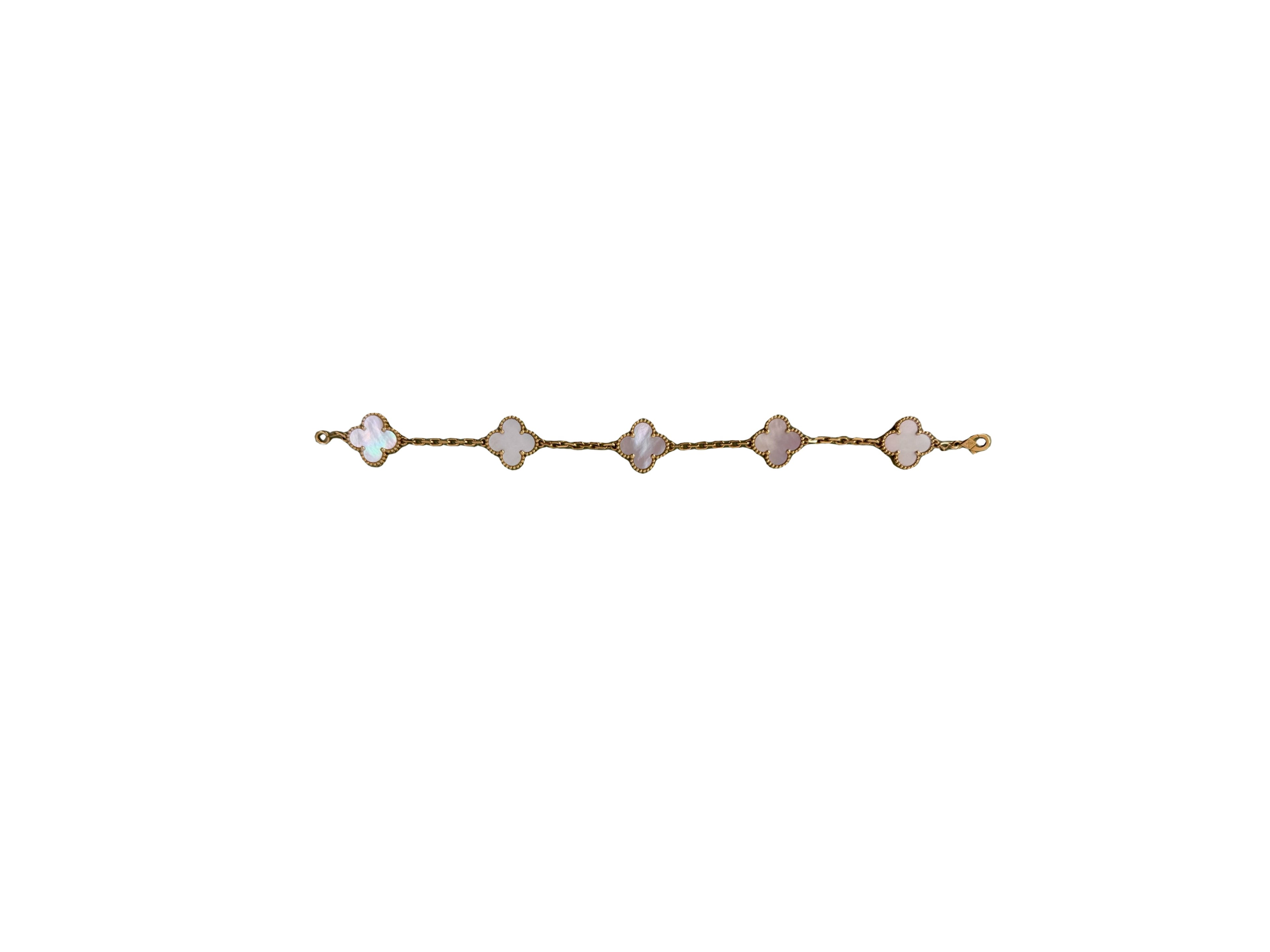VAN CLEEF & ARPELS - Van Cleef & Arpels 18k Yellow Gold and Mother of Pearl Vintage Alhambra 5 Motif Bracelet