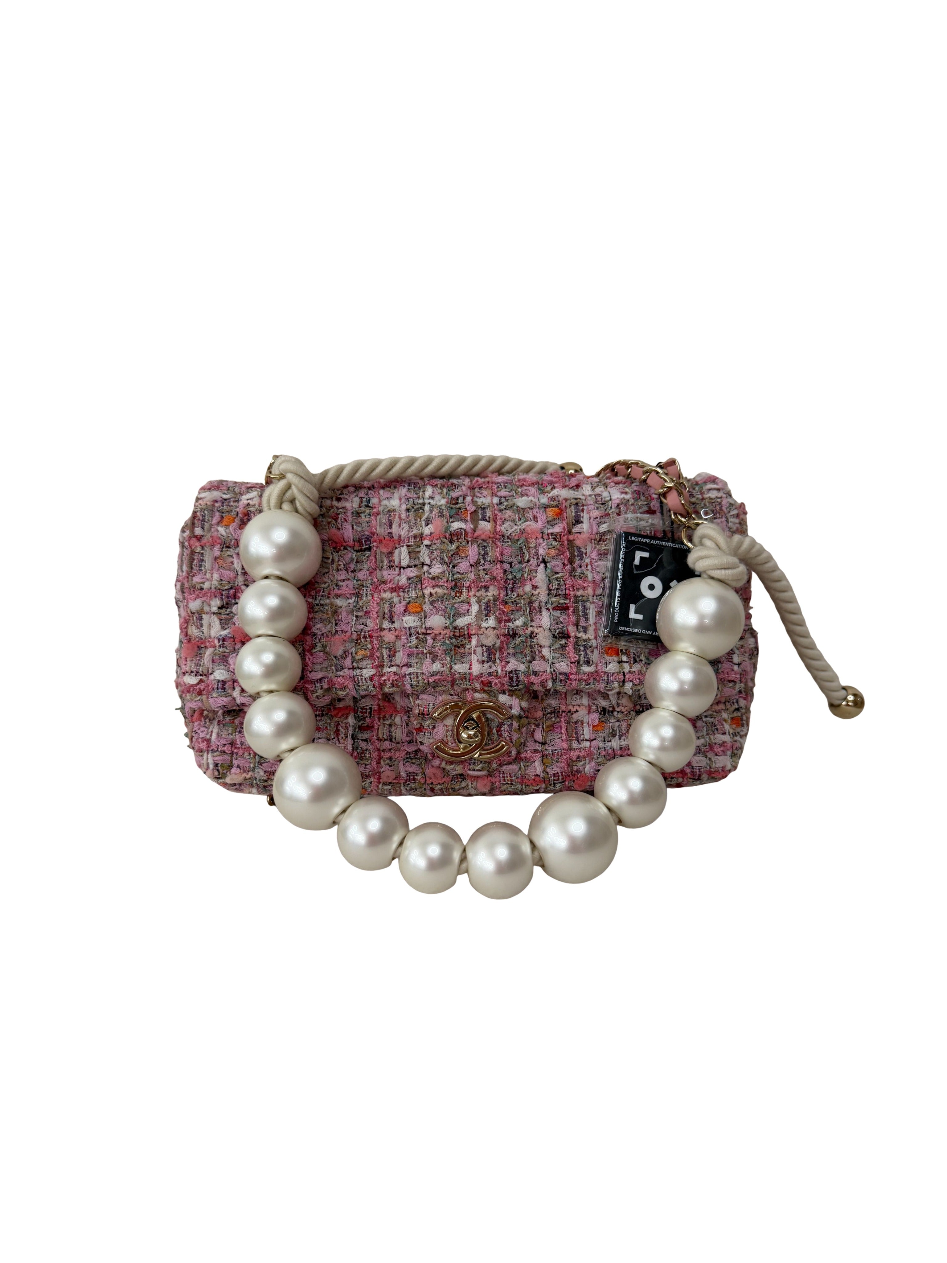 Chanel Tweed Flap Pearl Handle Small Pink Bag