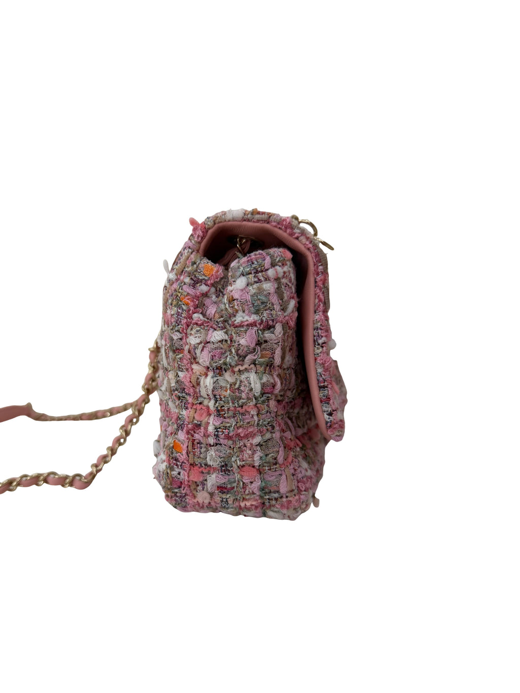 Chanel Tweed Flap Pearl Handle Small Pink Bag