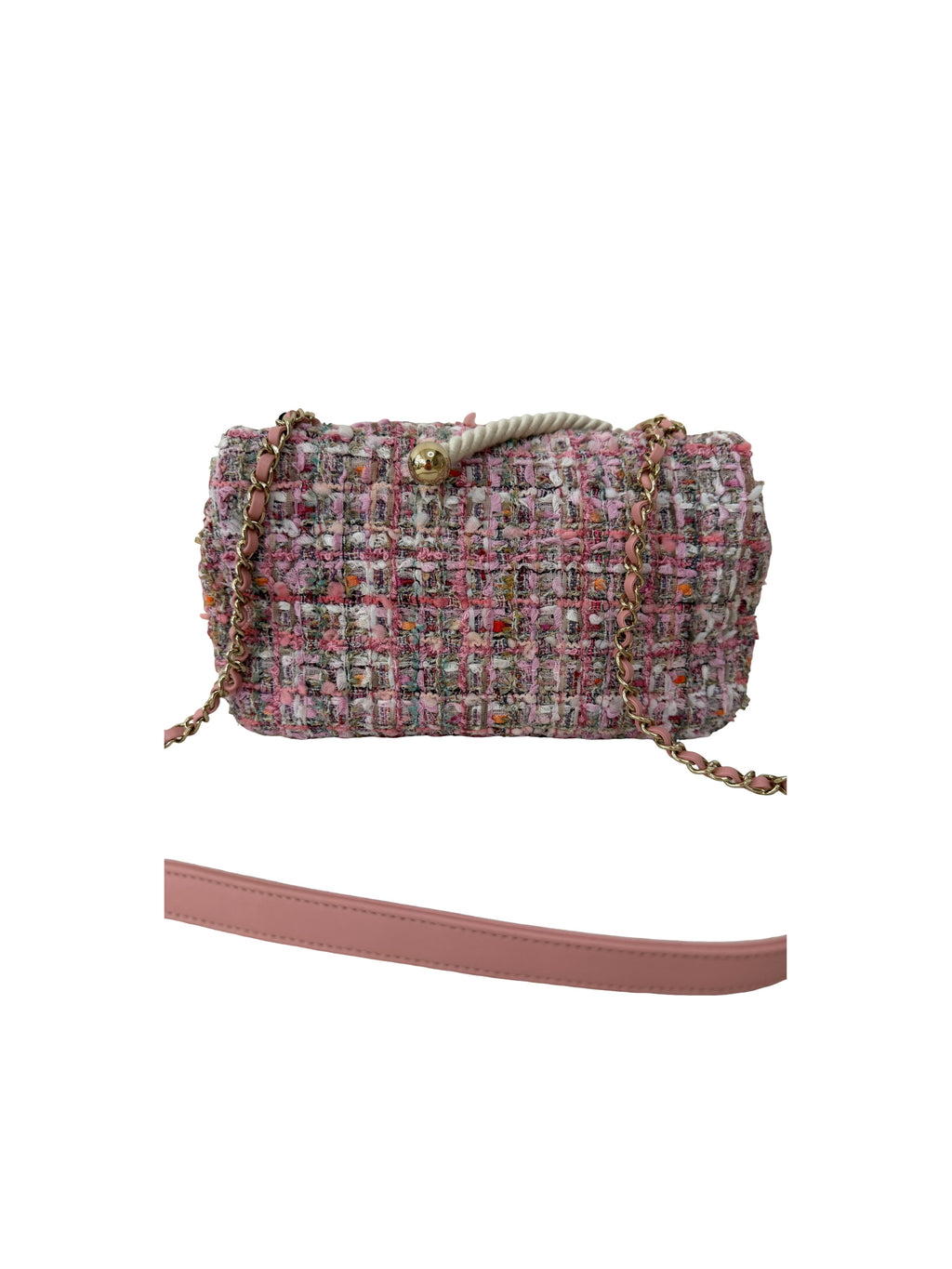 Chanel Tweed Flap Pearl Handle Small Pink Bag
