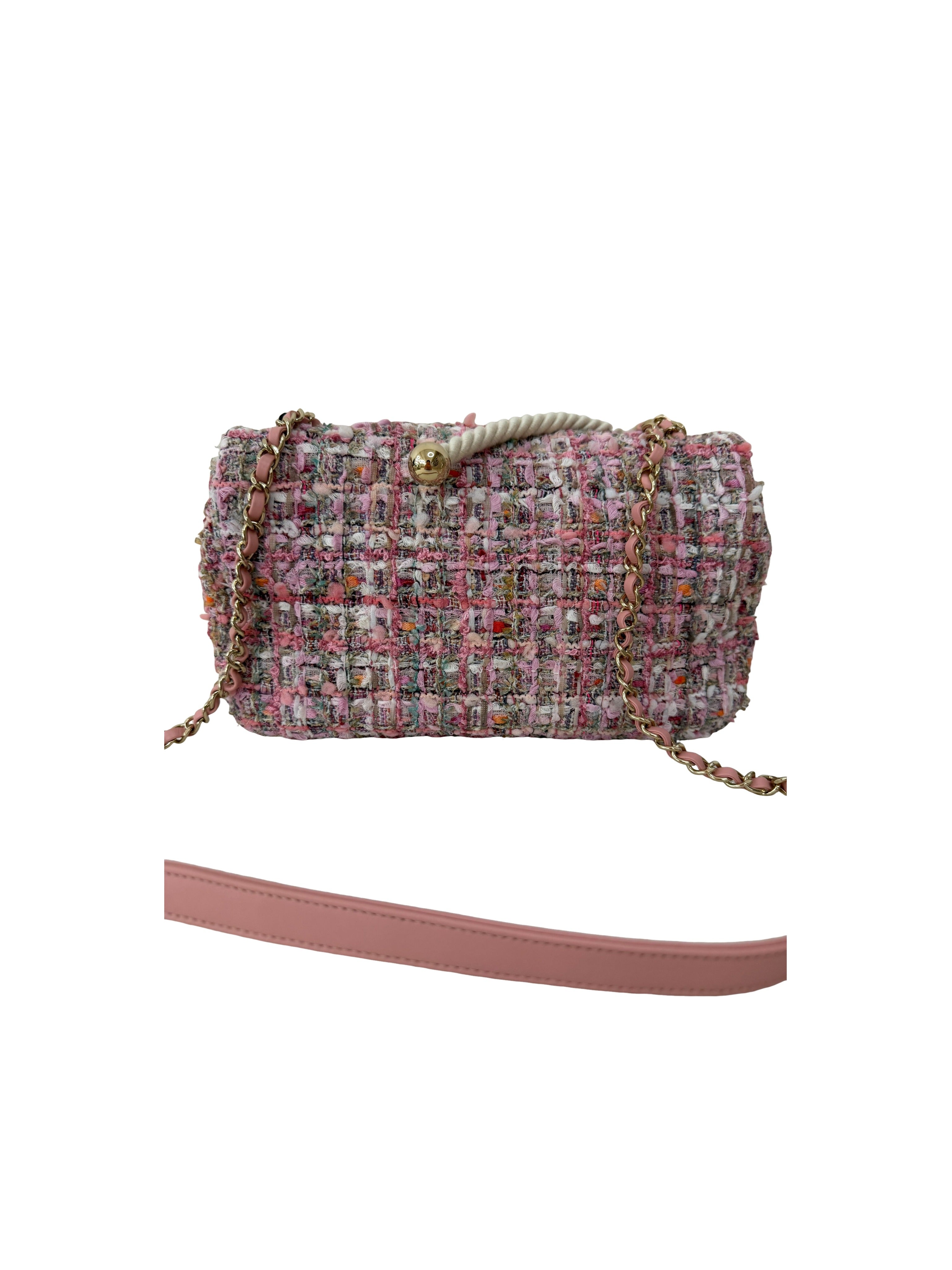 Chanel Tweed Flap Pearl Handle Small Pink Bag