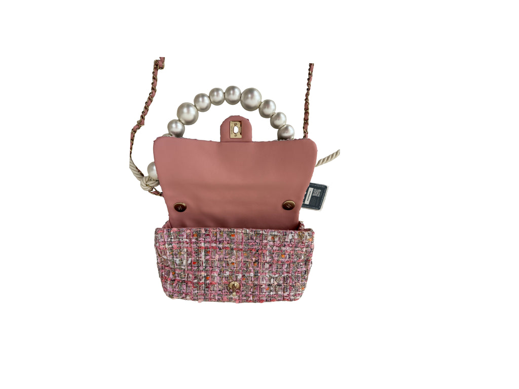 Chanel Tweed Flap Pearl Handle Small Pink Bag
