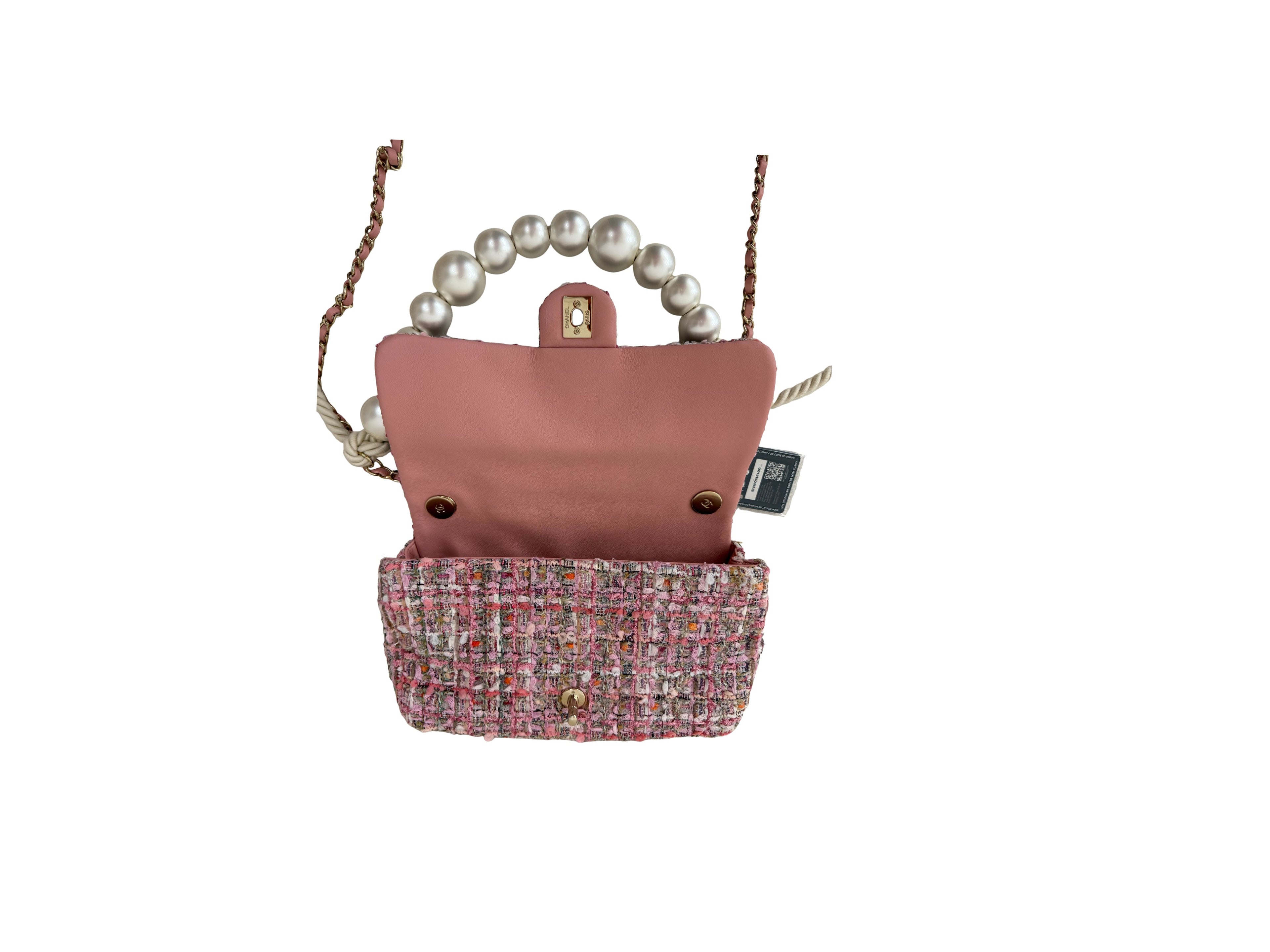 Chanel Tweed Flap Pearl Handle Small Pink Bag
