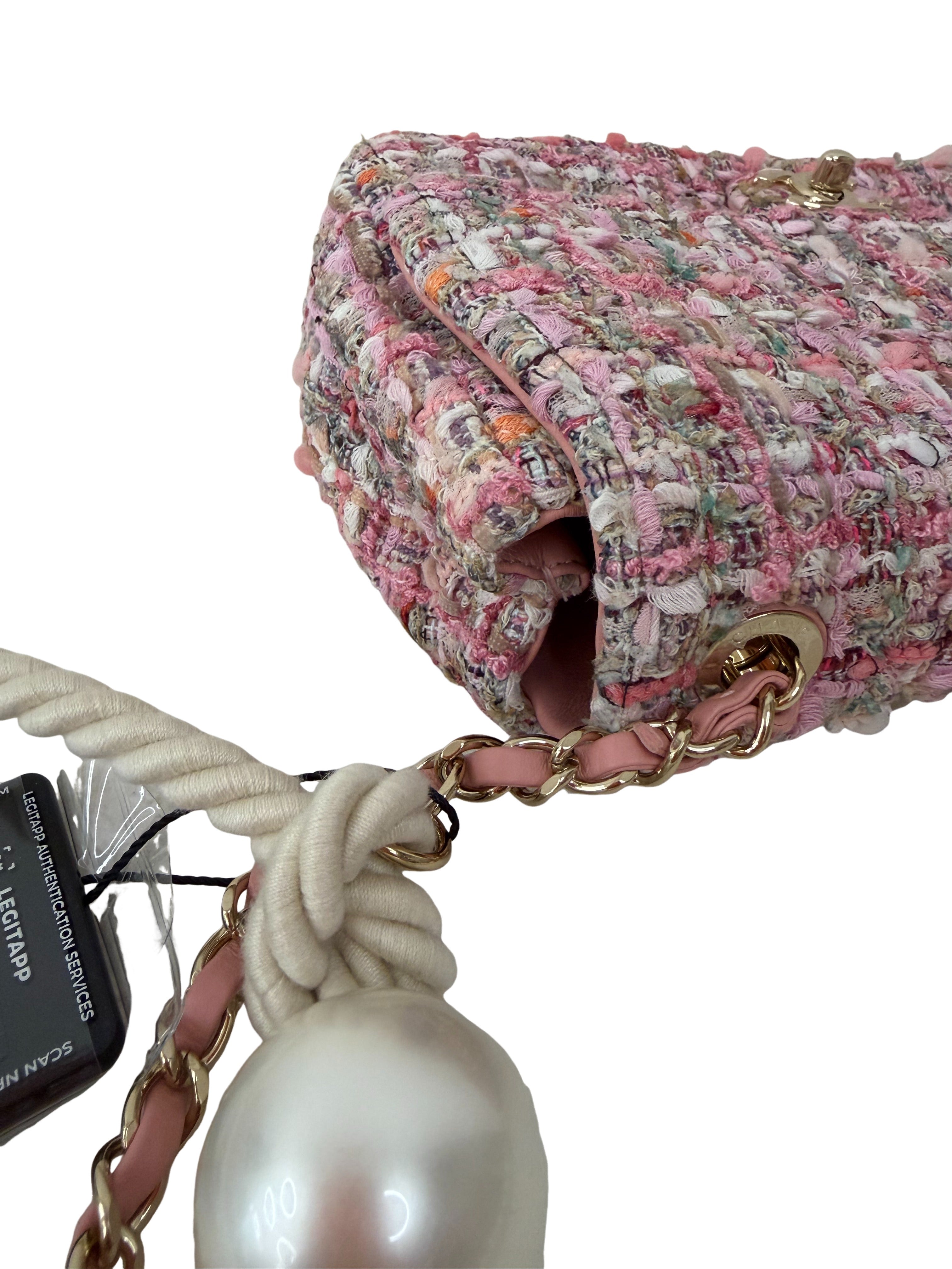 Chanel Tweed Flap Pearl Handle Small Pink Bag