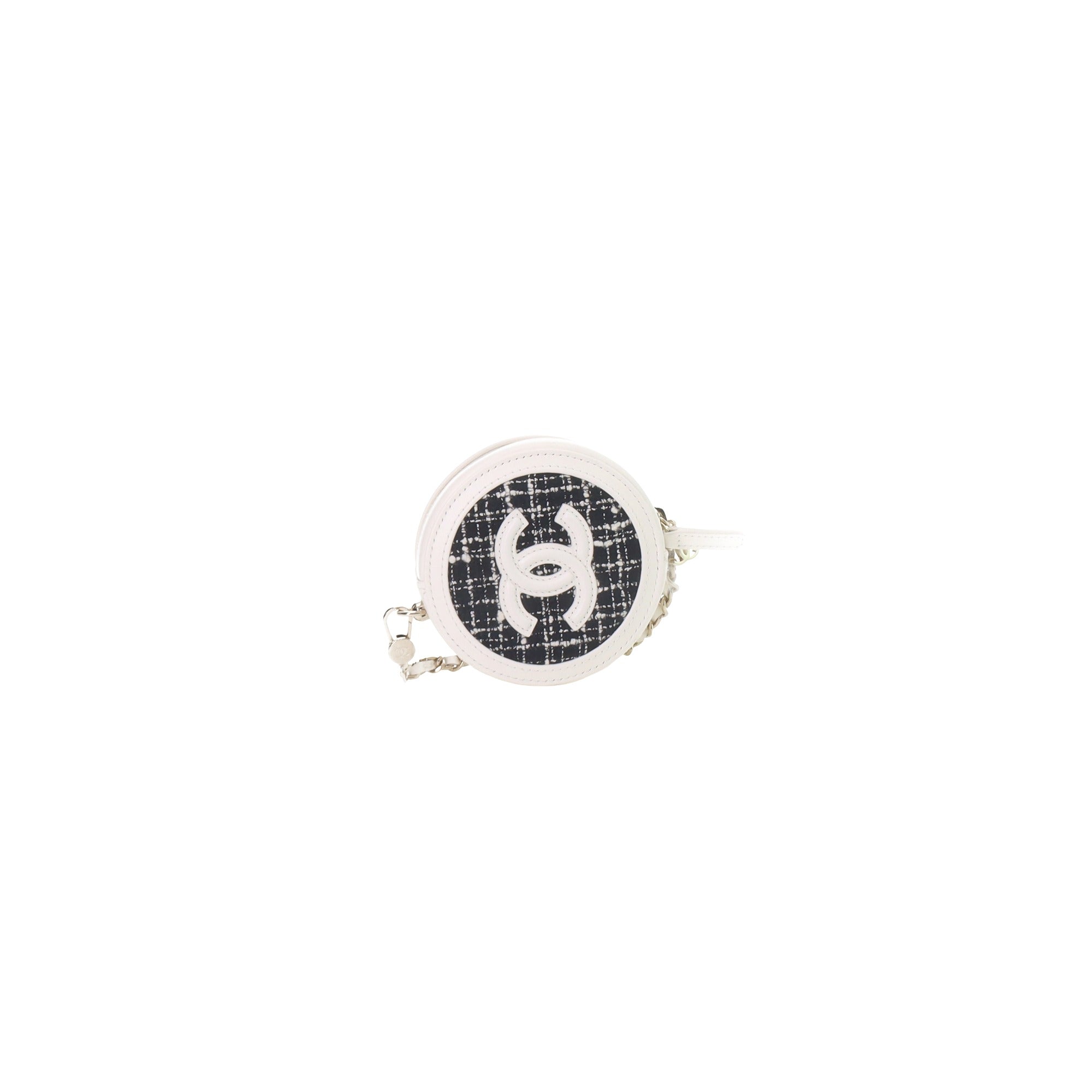 CHANEL - Chanel Tweed Quilted Round Filigree Pouch with Chain xxs