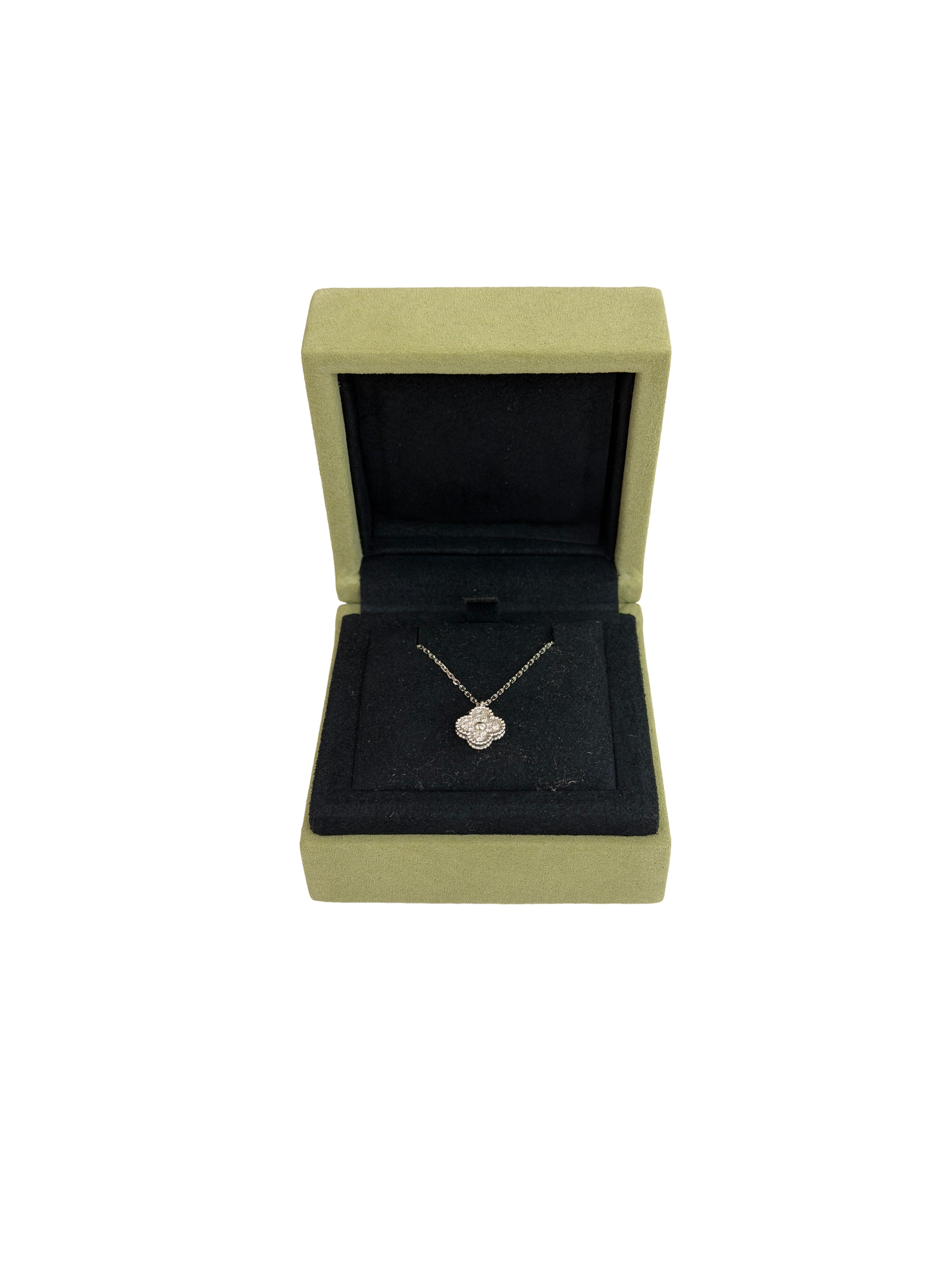 VAN CLEEF & ARPELS - Van Cleef & Arpels 18K White Gold Diamond Sweet Alhambra Pendant Necklace Full Set