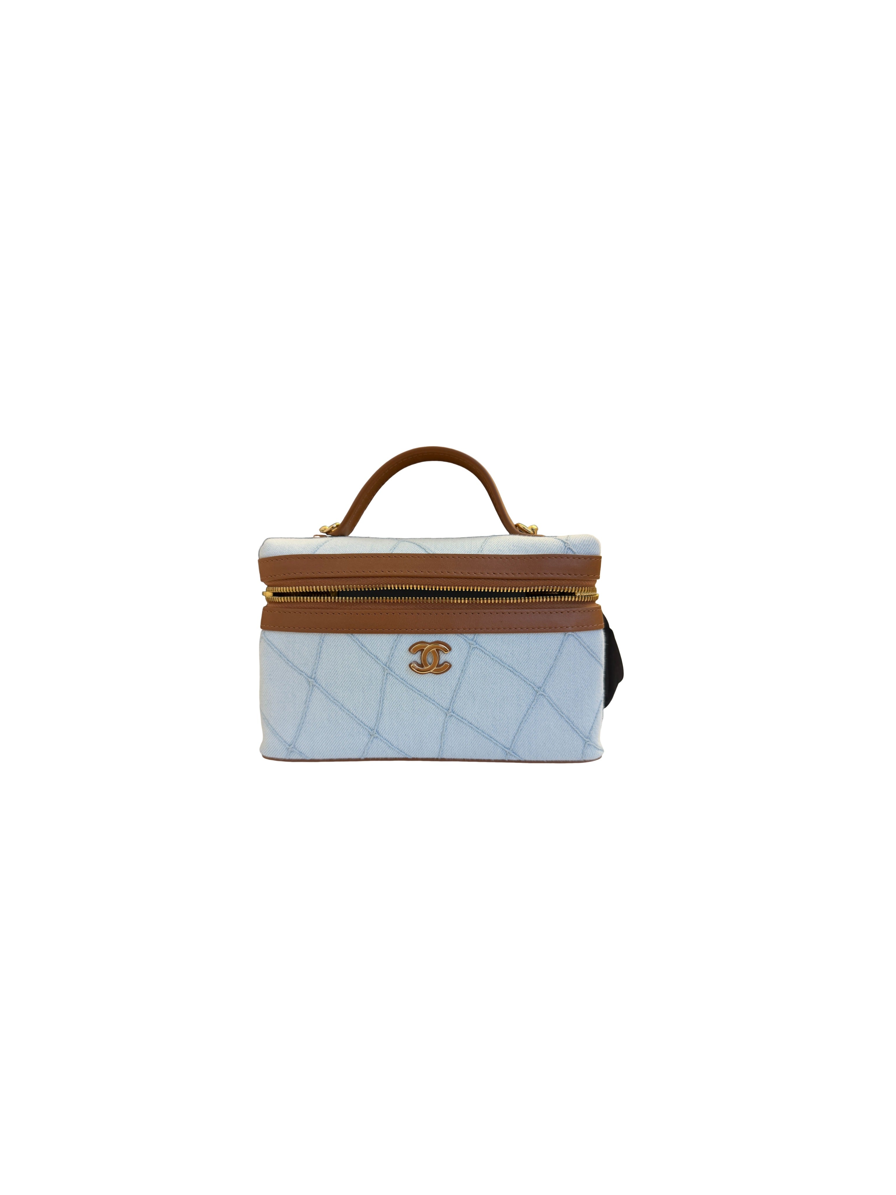 CHANEL - Chanel 2026 Washed Denim Calfskin Quilted Top Handle Slim Vanity Case With Chain